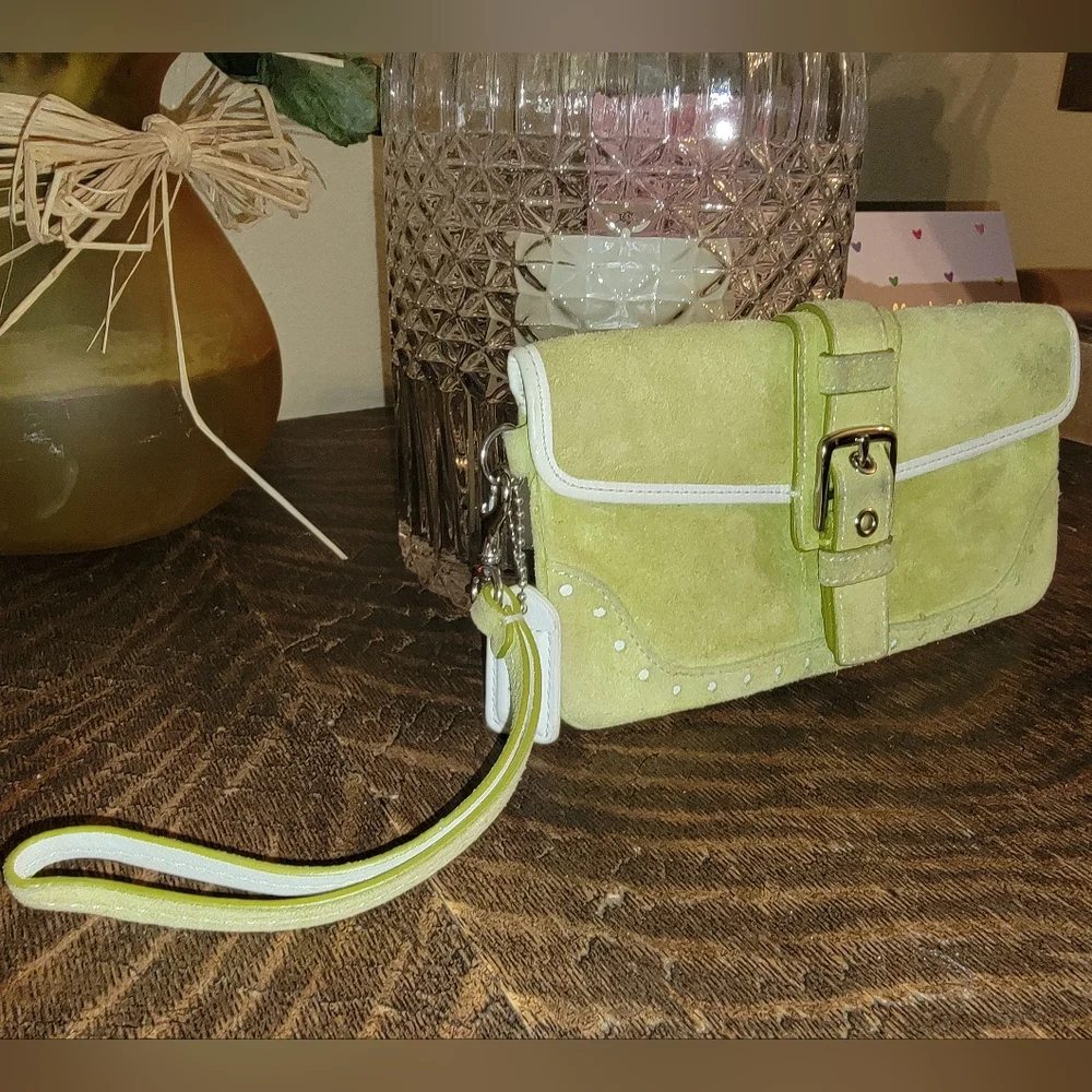 COACH Wristlet in pistachio green suede with white leather trim & hang tag - Picture 2 of 6